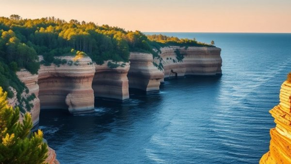 Scenic Michigan summer travel destination with cliffs and lake.