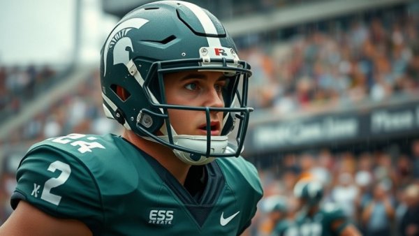 Michigan State football player in action, focused and determined.