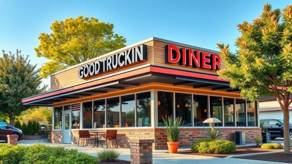 Good Truckin' Diner with modern design surrounded by trees and plants.