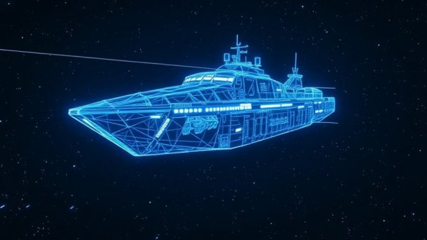 Futuristic wireframe cargo ship representing maritime technology investment opportunities.