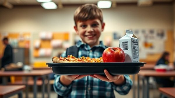 School lunch tray with pizza, apple, and milk in Michigan.