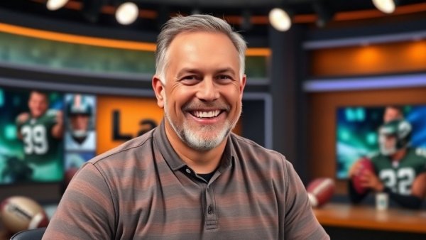 Man presenting sports news in a vibrant TV studio.