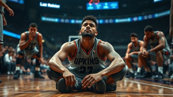 Exhausted basketball player surrounded by teammates on court.