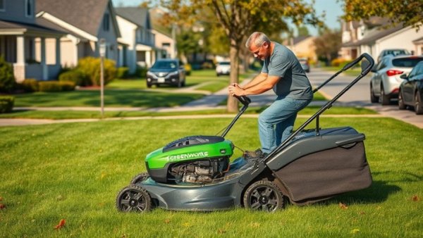 Man using Greenworks Commercial 22-in self-propelled lawn mower.