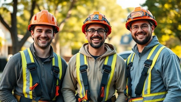 Local tree experts in Shelby Michigan smiling outdoors.