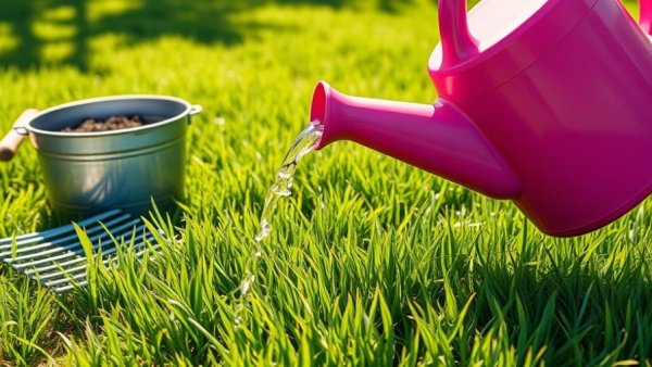 Lawn care scene with watering can pouring water on grass.