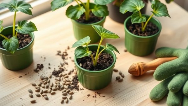 Start squash seeds indoors: seedlings, seeds, tools on table.