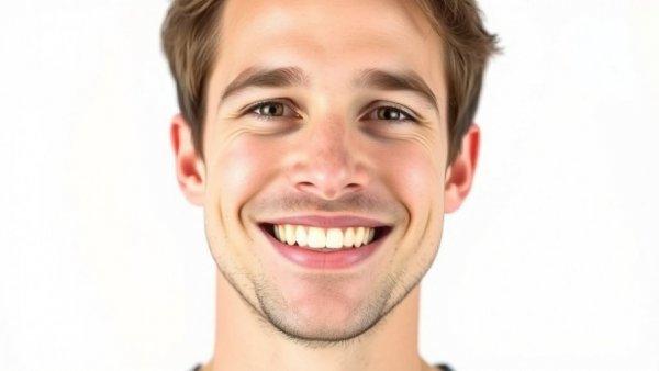 Smiling man in blue shirt on white background.