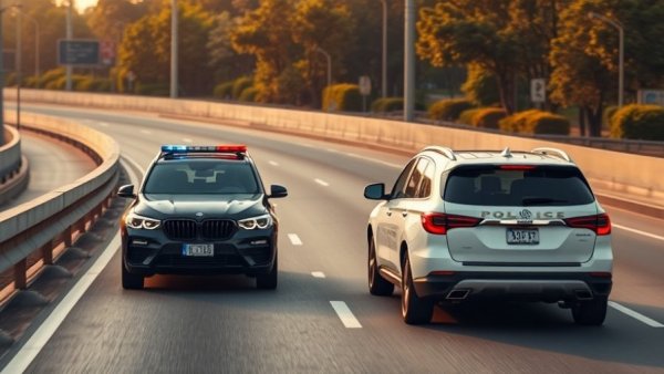 Police car leading SUV on Michigan highway during roadwork.
