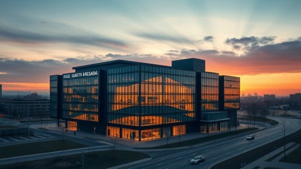 Michigan Medicine Kahn Health Care Pavilion at sunset with road view.
