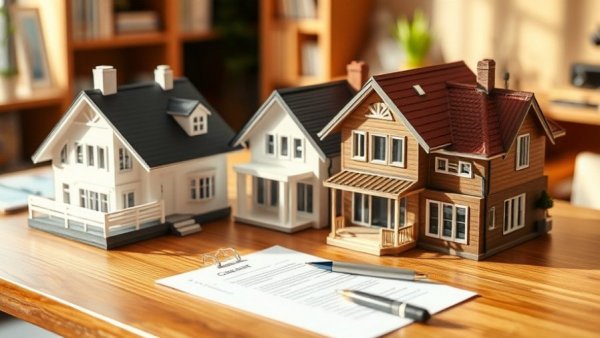 Miniature house models and checklist on desk symbolizing real estate financing.