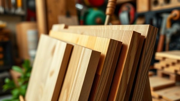Close-up of wood samples as sustainable building materials in a workshop.