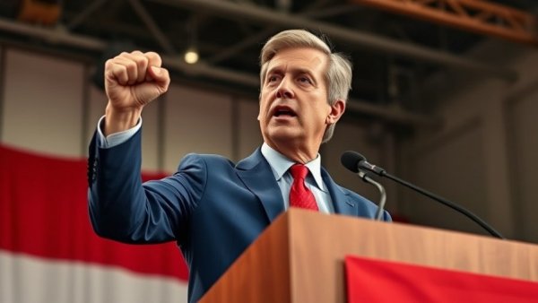 Speaker raising fist during Michigan campaign logo lawsuit discussion.