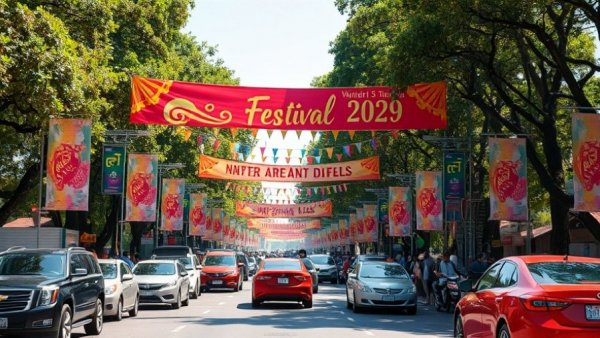 Entrance to Electric Forest festival with banners and cars