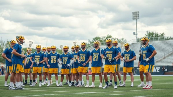Group of Michigan lacrosse players in huddle before Ohio State game