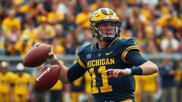 Michigan Wolverines quarterback throwing a football during a game.