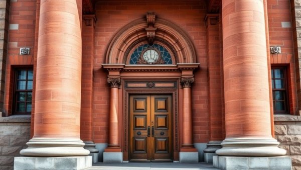 Historic building entrance showcasing arched sandstone architecture in Michigan, related to the history of Islam.