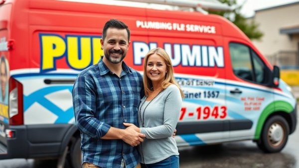Smiling couple in front of Three T's Plumbing van for company history