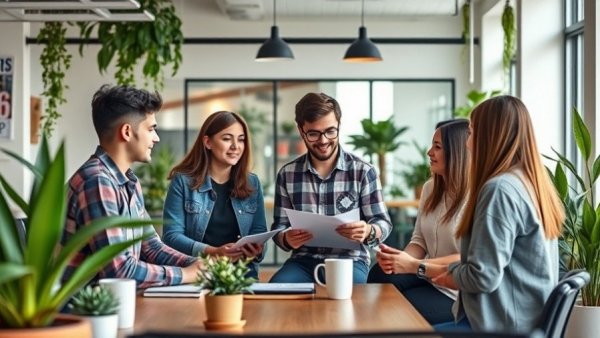 Young professionals in coworking space discussing startup grants.