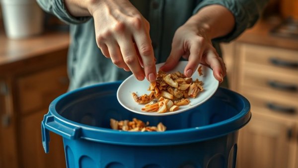 Person reducing food waste by scraping leftovers into trash.