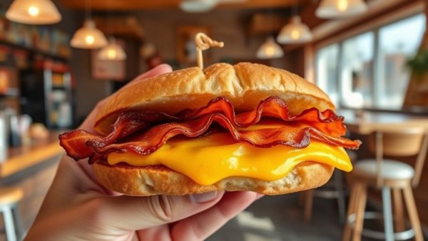 Michigan Deli lunch specials sandwich with bacon and cheese held by hand.