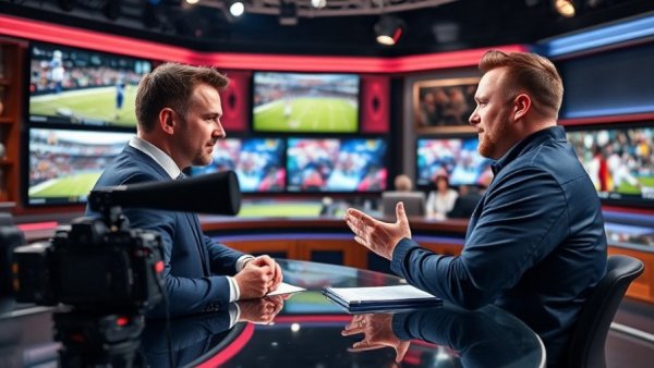 Sports commentators discussing April 2026 sports events in TV studio.