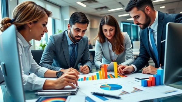 Professionals analyzing market growth data with charts, vibrant, modern office.