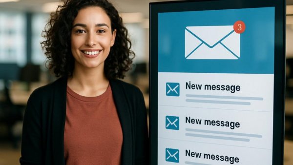 Smiling woman next to email notifications screen, Email Marketing for Small Businesses.