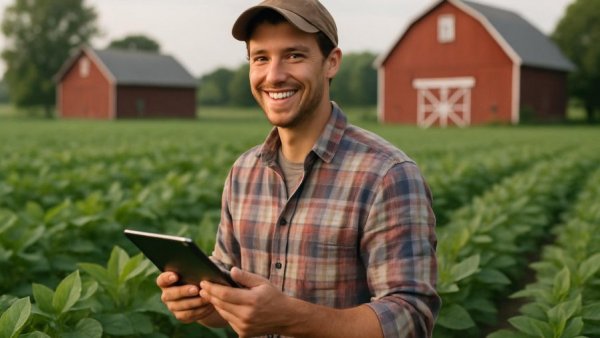 Smiling farmer with tablet in field illustrating digital growth in agriculture.