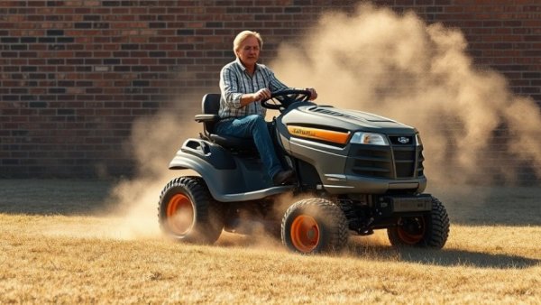 Drought impact on lawn care seen as man mows dry, dusty grass.