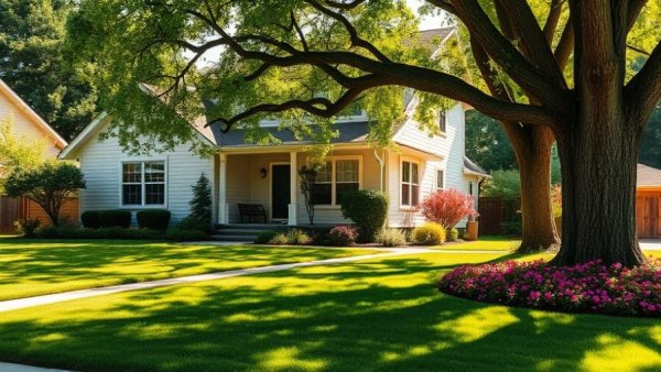 Lush lawn and vibrant garden in front of suburban house.