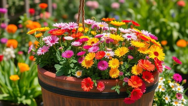 Colorful spring container garden amidst lush greenery.