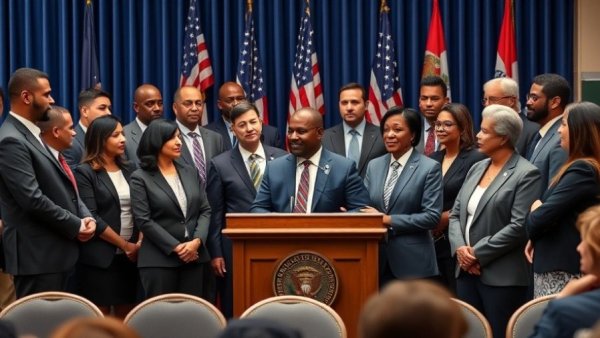 Discussion on lower health care costs Michigan at podium with flags.