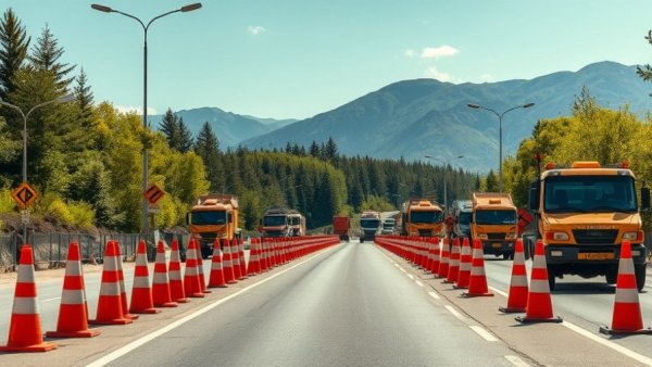Michigan roadwork and highway projects site with traffic cones and equipment.