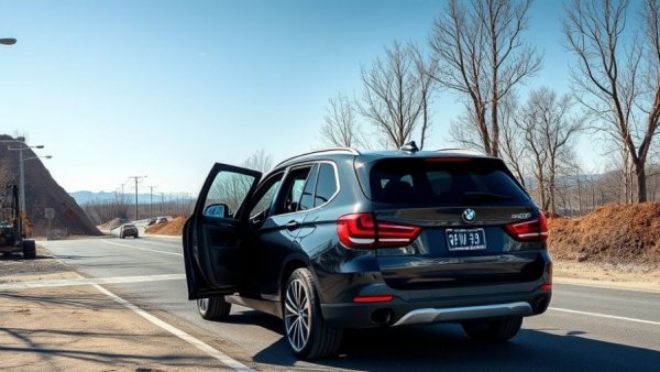 BMW SUV near Michigan road construction site, sunny day.
