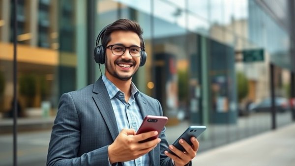 Young professional enjoying AI podcasts for business owners.