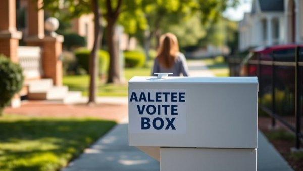 Michigan absentee voter ballot drop box on suburban sidewalk.