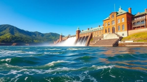 Wide view of Michigan dam with water forcefully gushing.