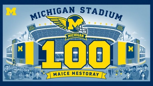 Michigan Stadium 100th anniversary celebration collage highlighting emblem and details.