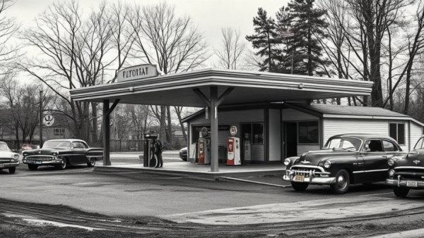 Northeast Michigan history vintage gas station scene.