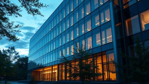 Trinity College entrepreneurship center at dusk with modern glass facade