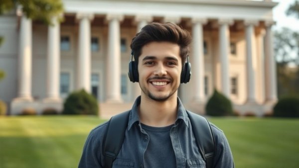 Young man smiling outside a grand building, AI startup acquisition.