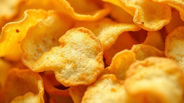 Close-up of golden crispy potato chips, highlighting texture and crunchiness.