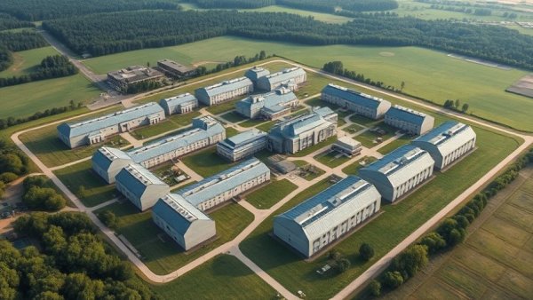Aerial view of Michigan immigrant detention center in green landscape.