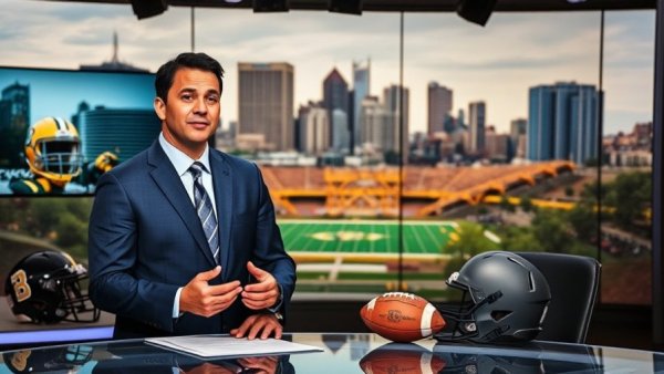 Pittsburgh Steelers helmets and sports call broadcast.