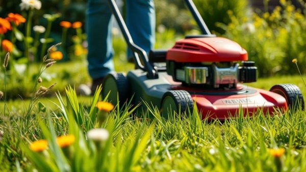 Lawn care services: person mowing lush lawn with wildflowers.