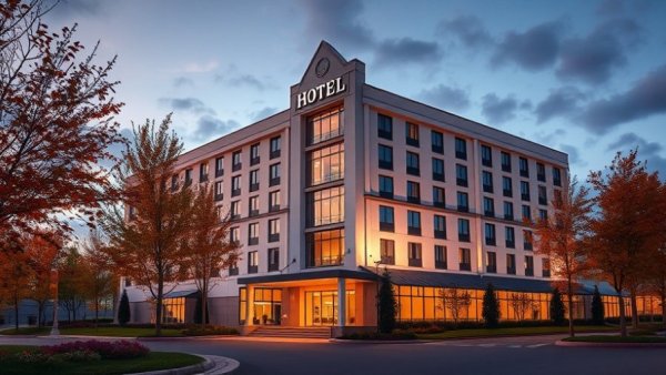 Modern hotel with third party property oversight at dusk.