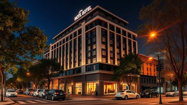 Modern hotel exterior at night with cars, professional rental administration.