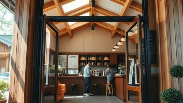Inviting coffee shop, customer at counter, rental property oversight services.