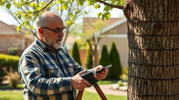 Man inspecting tree in suburban yard in Avon Michigan for invasive species management.